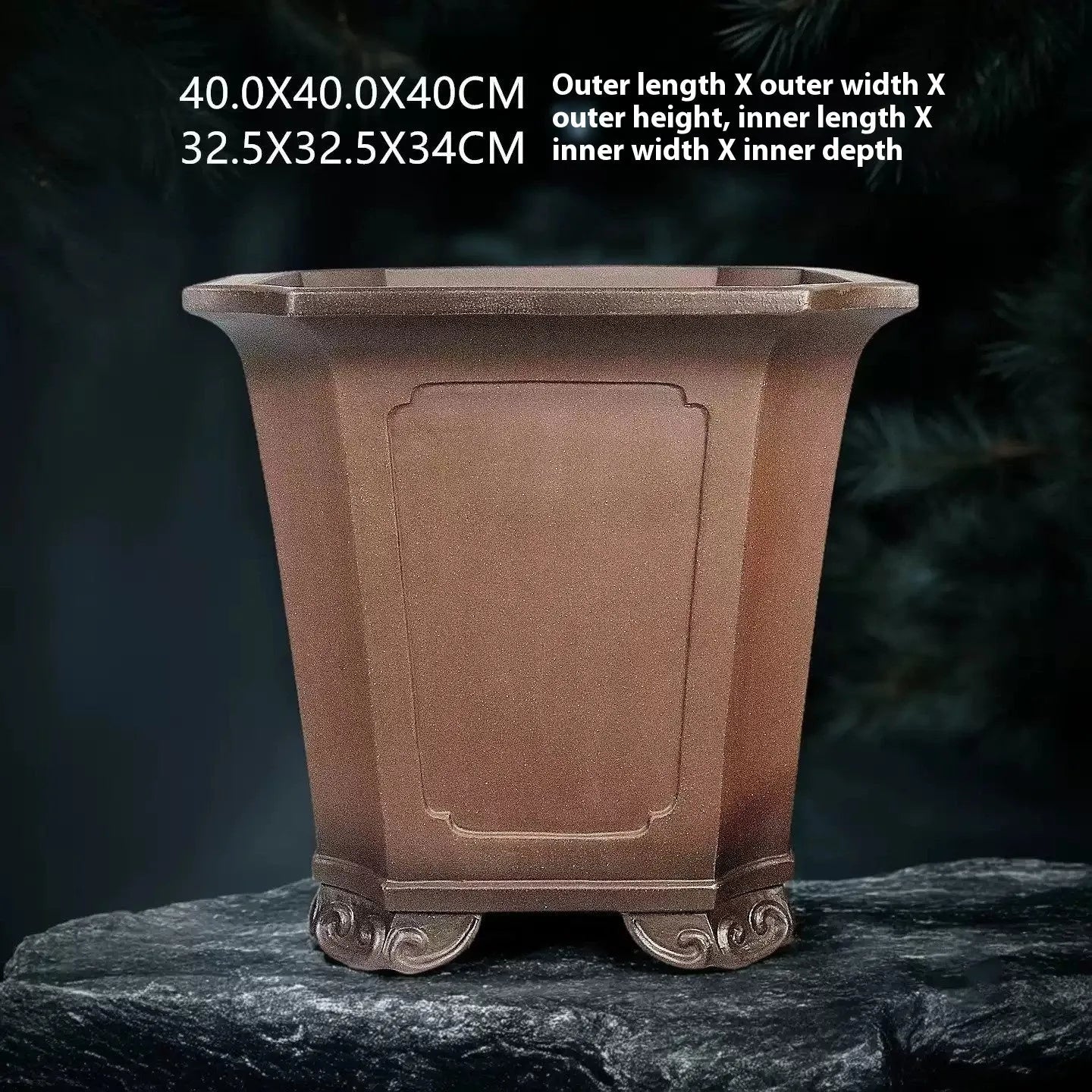 Ceramic antique redware flowerpot purple sand finish 40x40x40cm on a wooden table