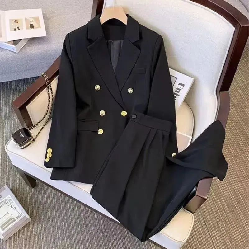 Women's loose fit polyester blouse and trouser set in black, milky white, khaki or pink with regular sleeves