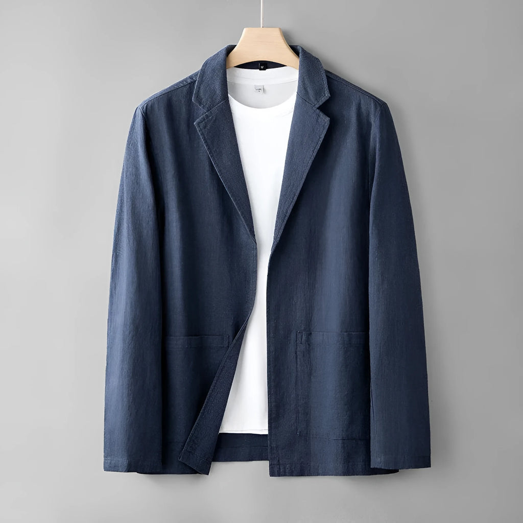 Solid colour linen long sleeve leisure suit jacket for men in apricot with button front