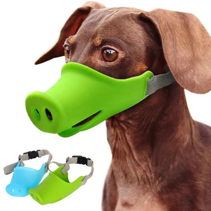 Silicone anti-bite mouth cover for dogs and piggies with long snouts in blue and green colours