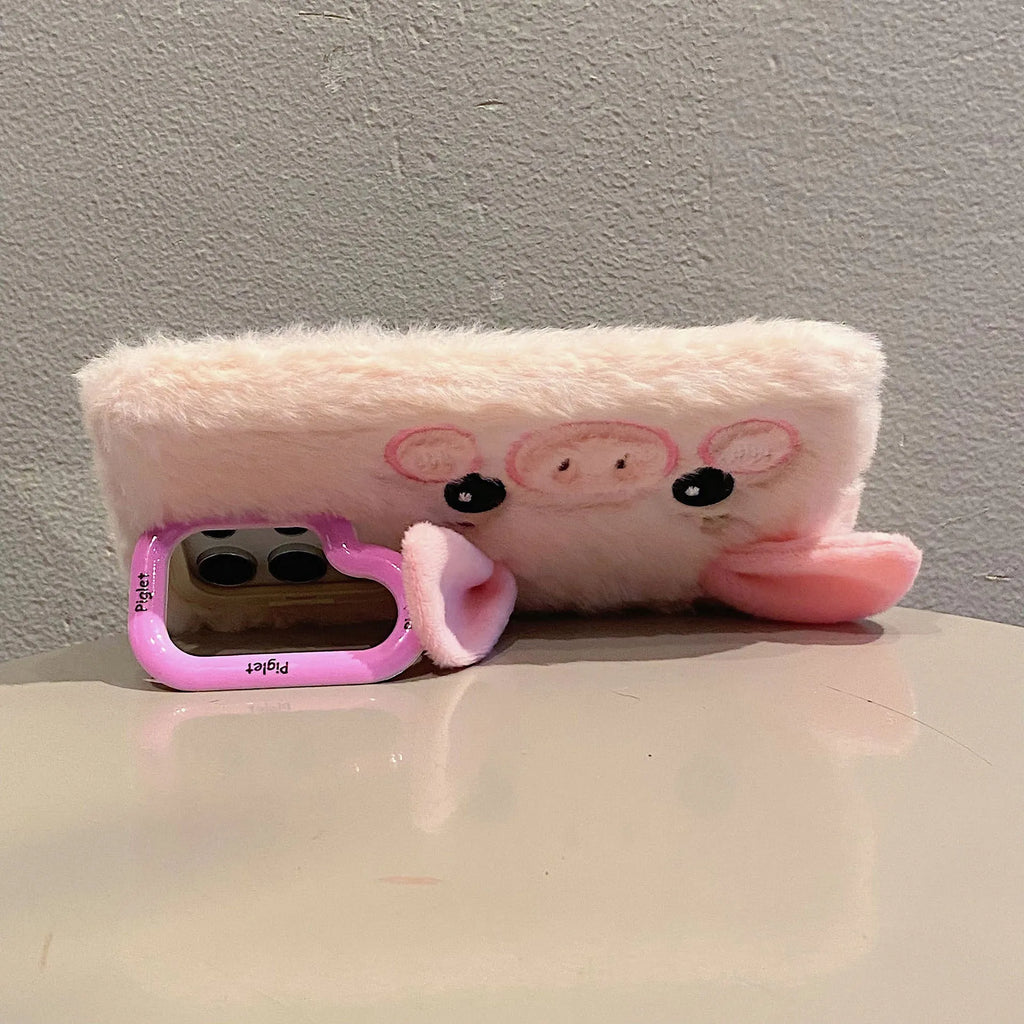 Pink plush furry piggy phone case with bracket for Samsung S25, soft fleece cloth Japanese Korean style