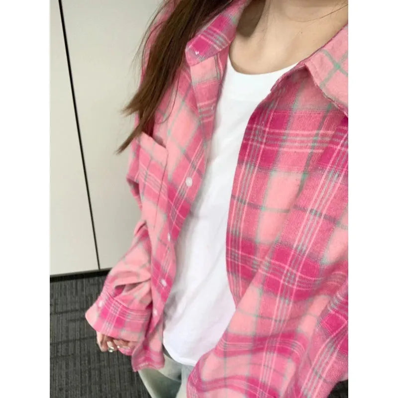 Women's loose pink plaid shirt with long sleeves, contrast colour, cardigan style, 50cm length, sizes S-XL.