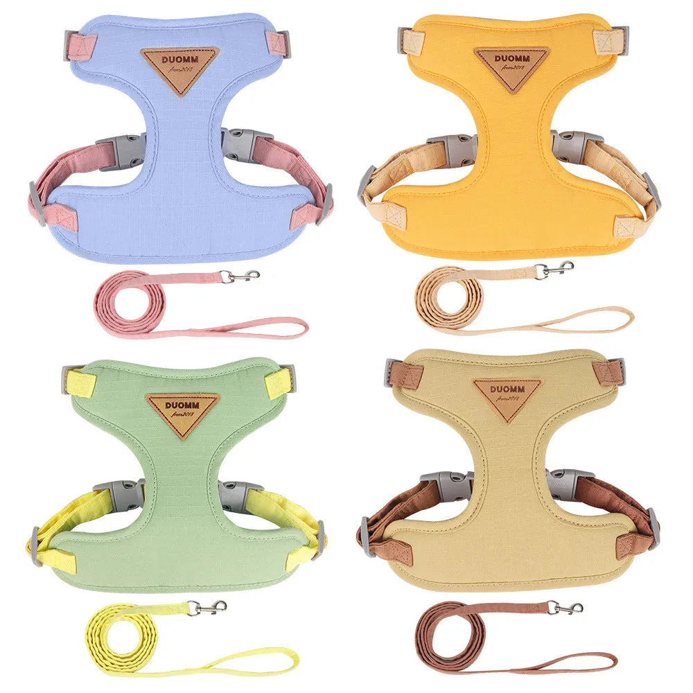 Mesh dog harness and lead set with anti-escape breast strap in green, blue, beige or yellow, sizes XS to L