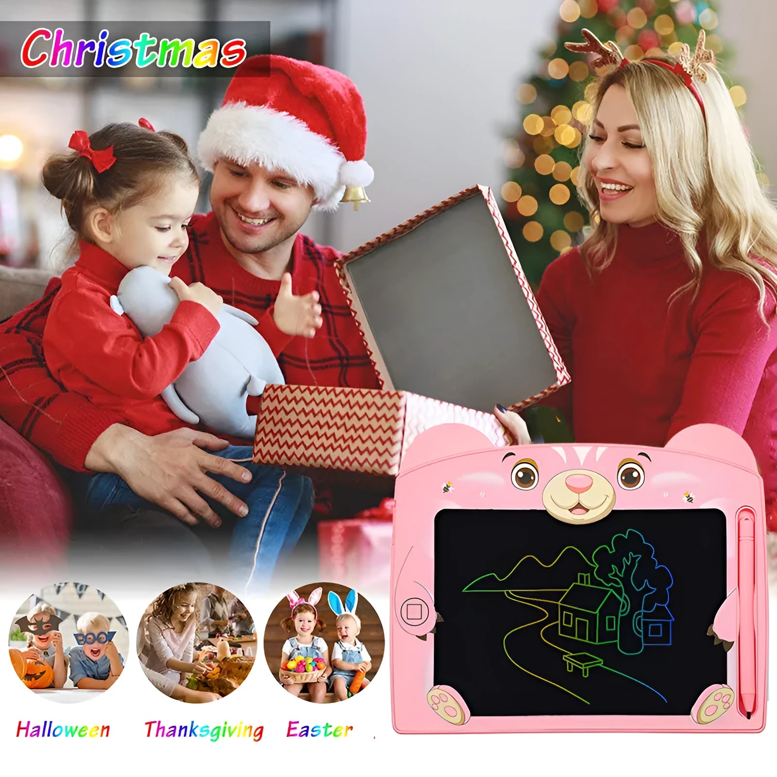 Cute bear cartoon LCD drawing board in sky blue colour on a table with stylus.