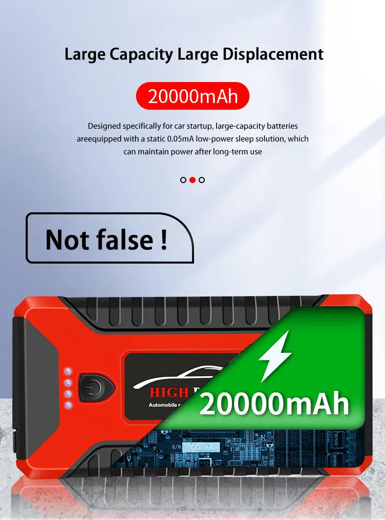 Red car emergency starter power bank 20000mAh with SOS light and USB output on a surface