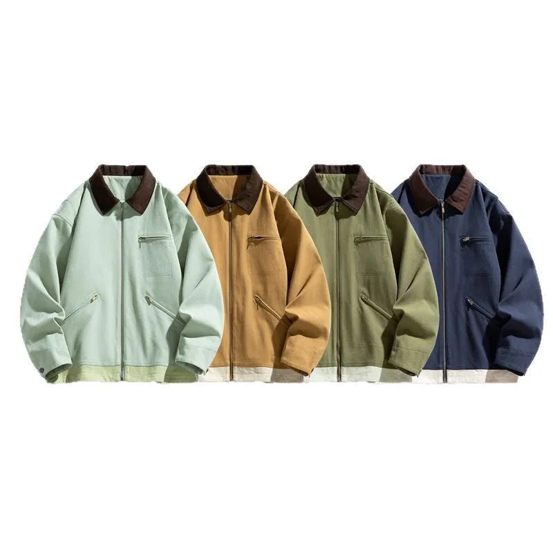 Men's loose-fit retro workwear jacket with contrasting lapels in mint green colour.
