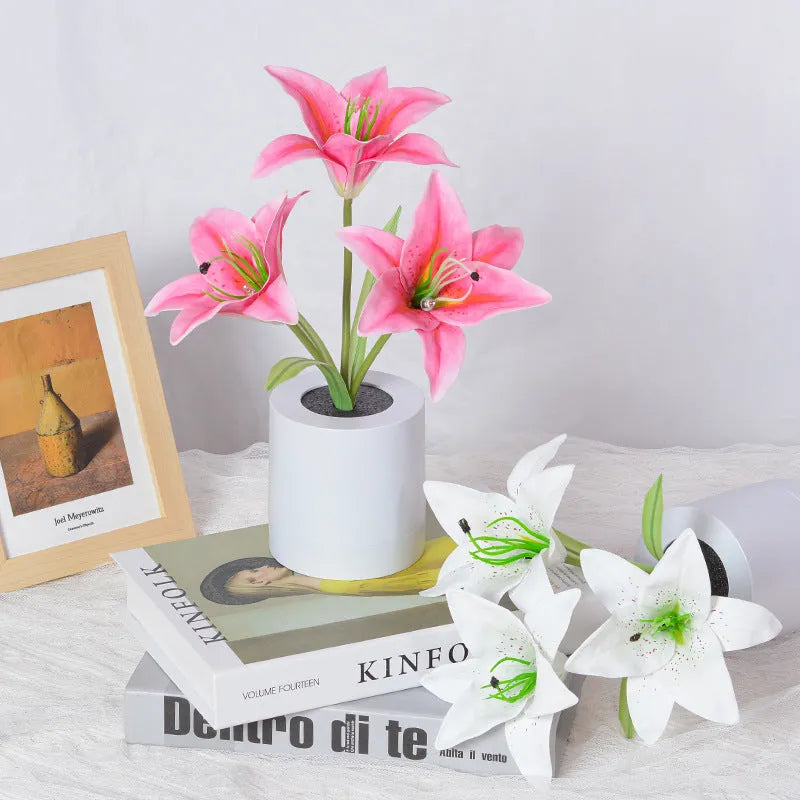 Rechargeable LED lily flower pot lamp with lily-white glow, flower shape on tabletop
