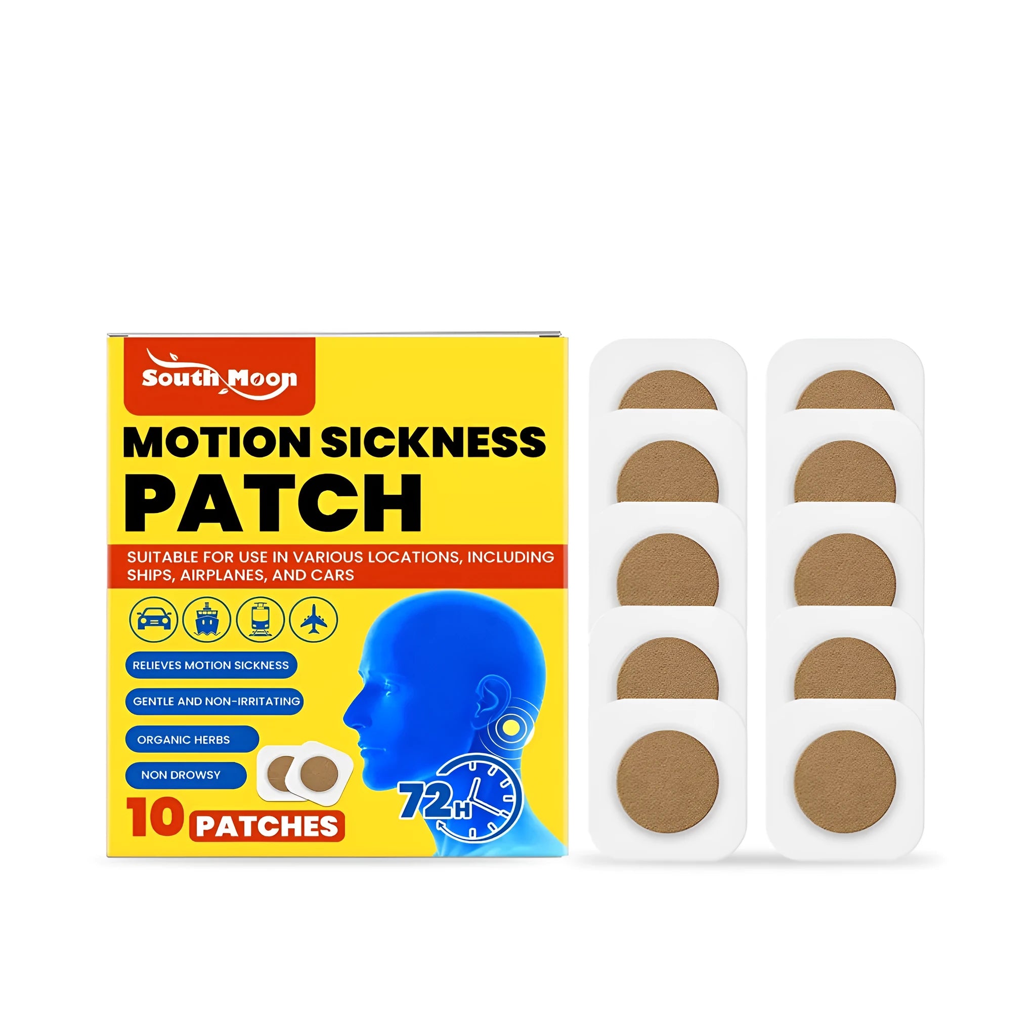 Pack of 10 motion sickness patches with wormwood extract and herbal ingredients for travel