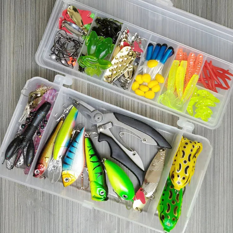 142-piece fishing lure set with hard mino lures, sequins, metal and plastic lures, fishhooks, and fishing pliers on a blue background.