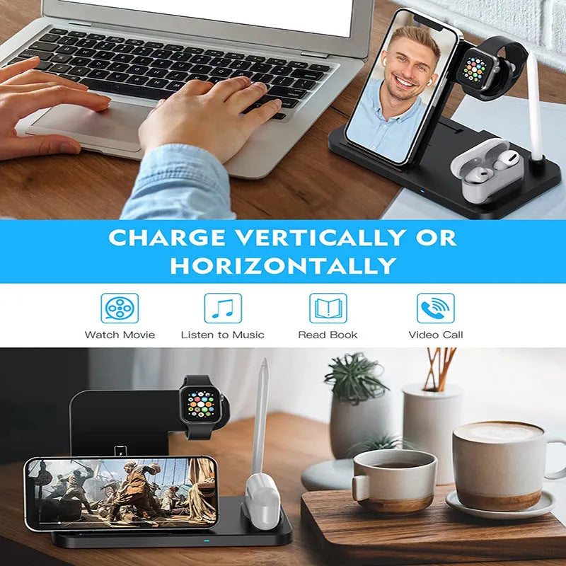Black four-in-one wireless charging pad with QC3.0 power adapter for multiple phones.