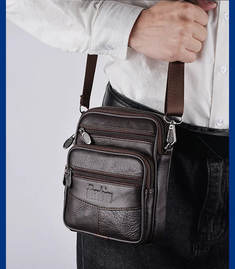 Men's leather waist bag in black or dark brown, worn as waist bag, shoulder messenger bag, or belt pouch