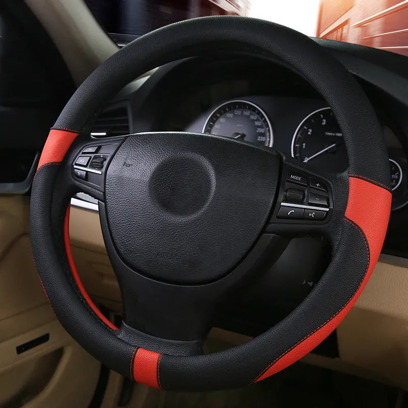 Green leather steering wheel cover for sedans, 38cm diameter, all seasons