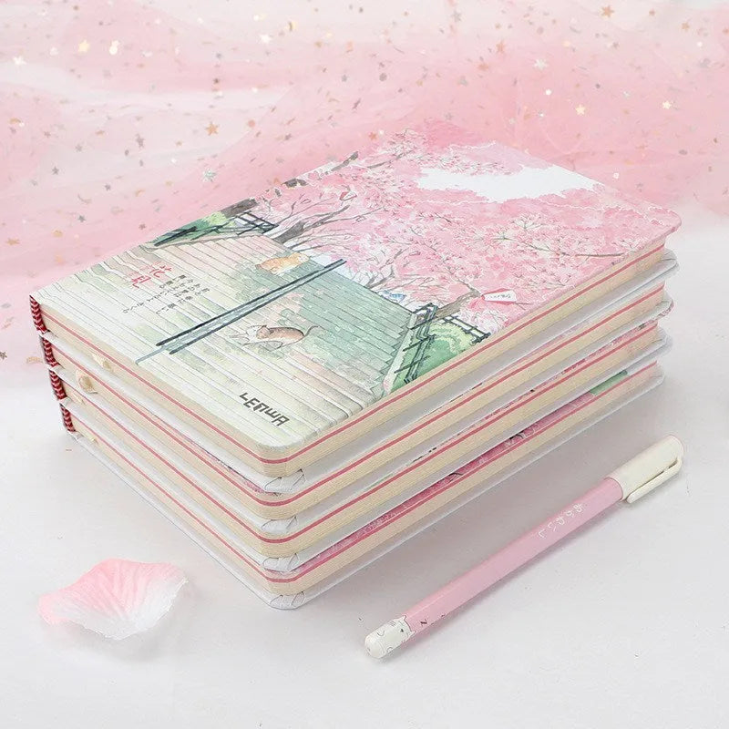 Notebook with paper cover and thread binding, 240 blank pages, 14cm x 21cm, shown open with smooth writing possible