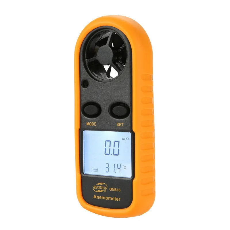 Biaozhi orange digital wind speed meter showing 105mm compact dimensions