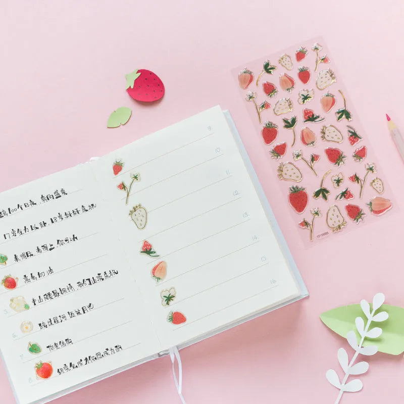 Set of six long, glossy fruit-themed bronzing stickers for DIY decoration on phones and notebooks.