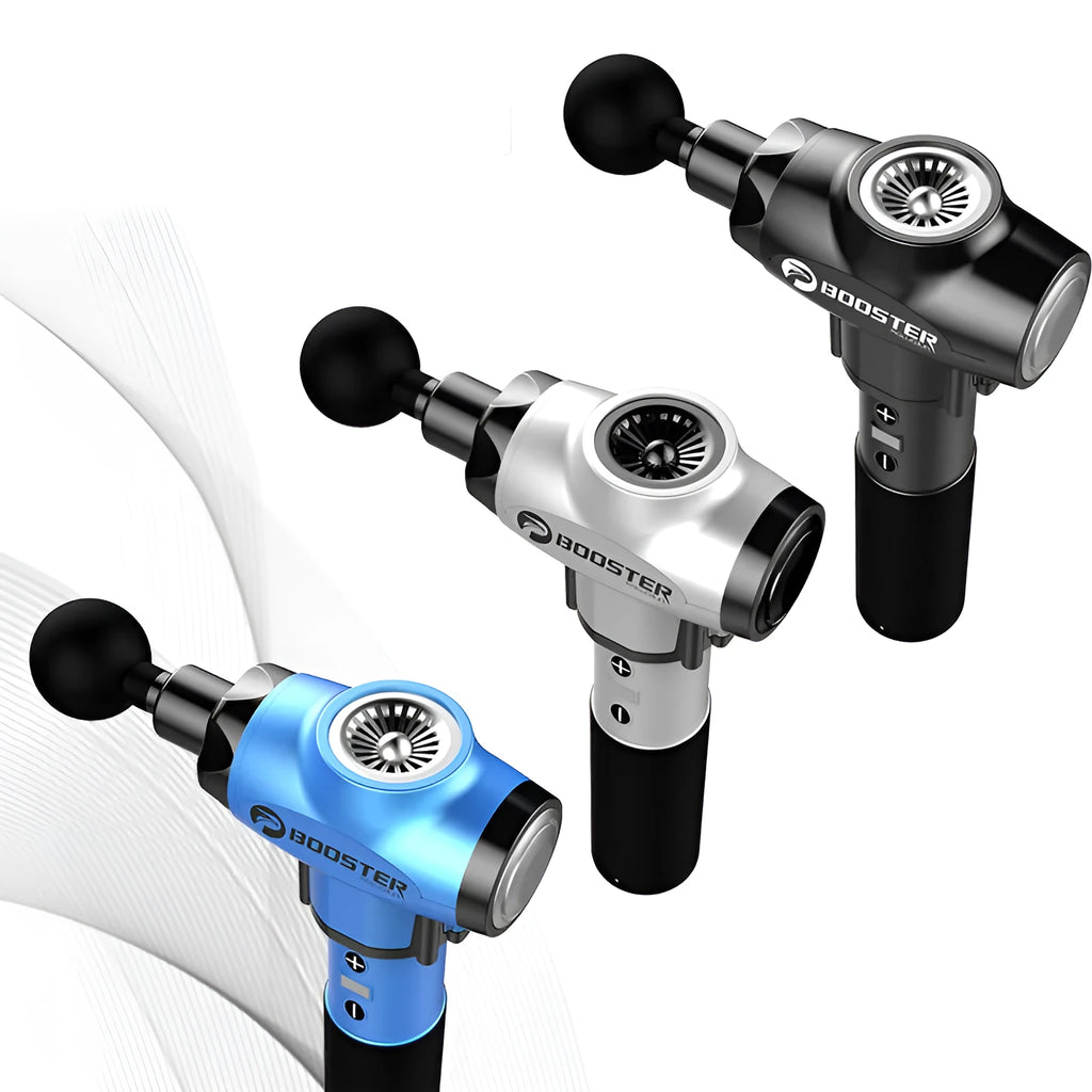 Black and white muscle massage gun with adjustable speed settings for muscle relaxation.