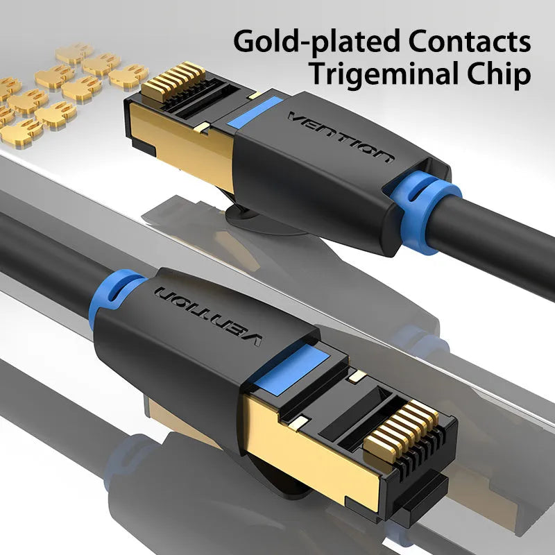CAT8 high-speed flat and round Ethernet network cables in various lengths from 0.5 to 10 metres.