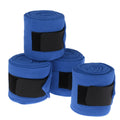 Four polar fleece horse leg wraps in black, blue, grey, and red, each 300cm long with nylon buckle