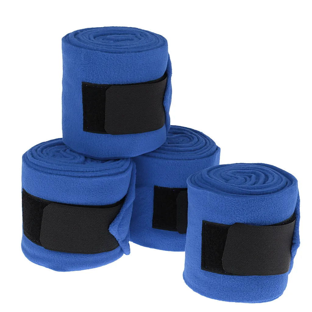 Four polar fleece horse leg wraps in black, blue, grey, and red, each 300cm long with nylon buckle