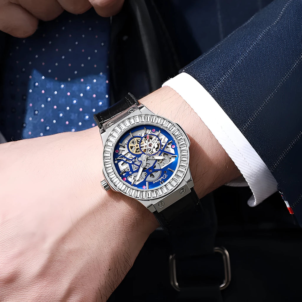 Automatic mechanical men's watch with diamond studs on a white shell case and hollow dial.