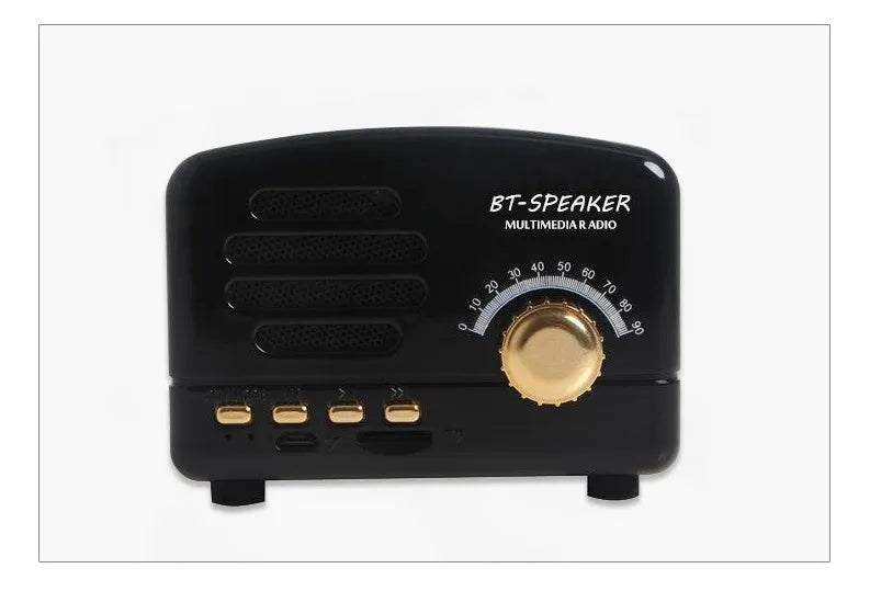 Compact vintage style wood grain Bluetooth speaker on a table next to a mobile phone.