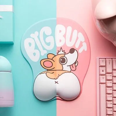 3D corgi-shaped mouse pad with raised wrist cushion in blue colour