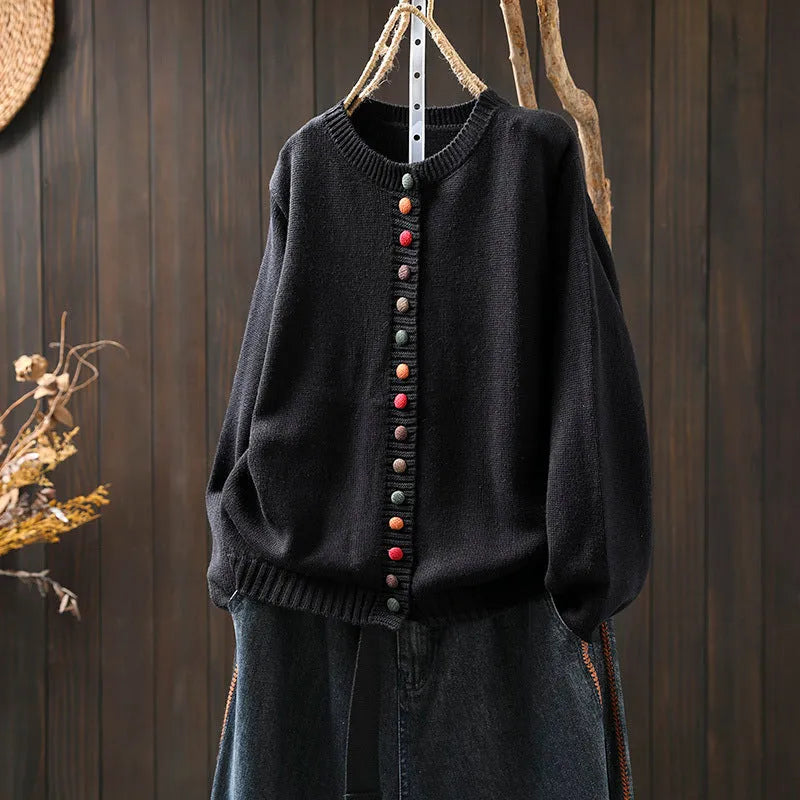 Women's colourful button loose-fit cardigan in light khaki with long sleeves, art retro style
