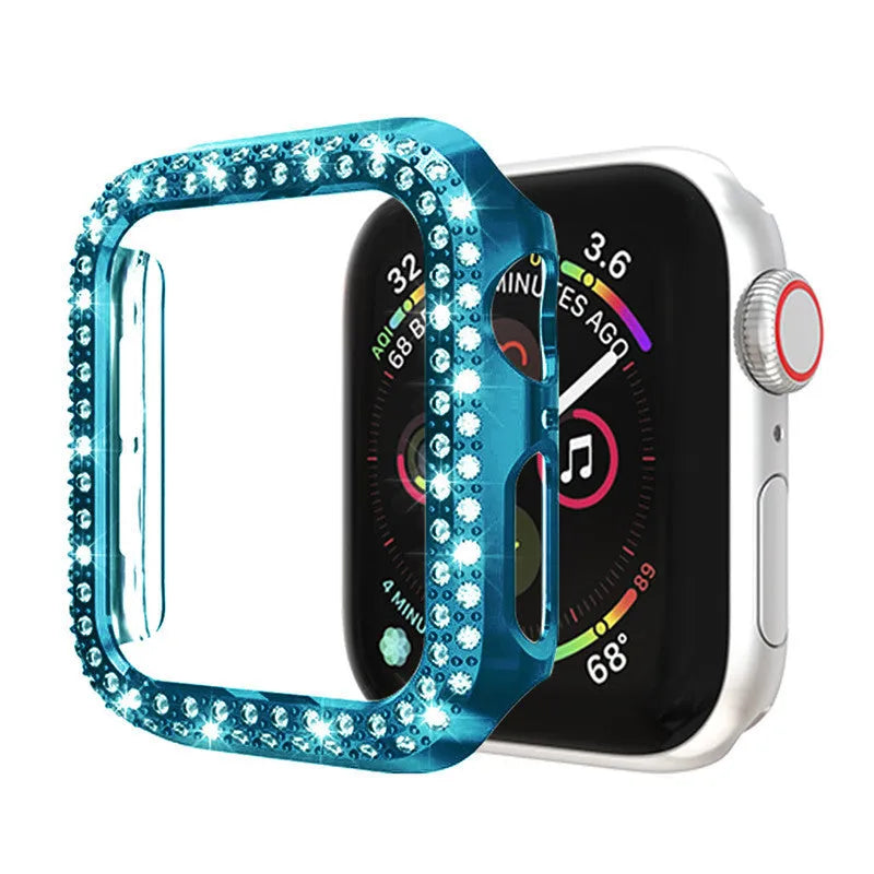 Transparent polycarbonate protective case for an Apple Watch, shown next to colour swatches.