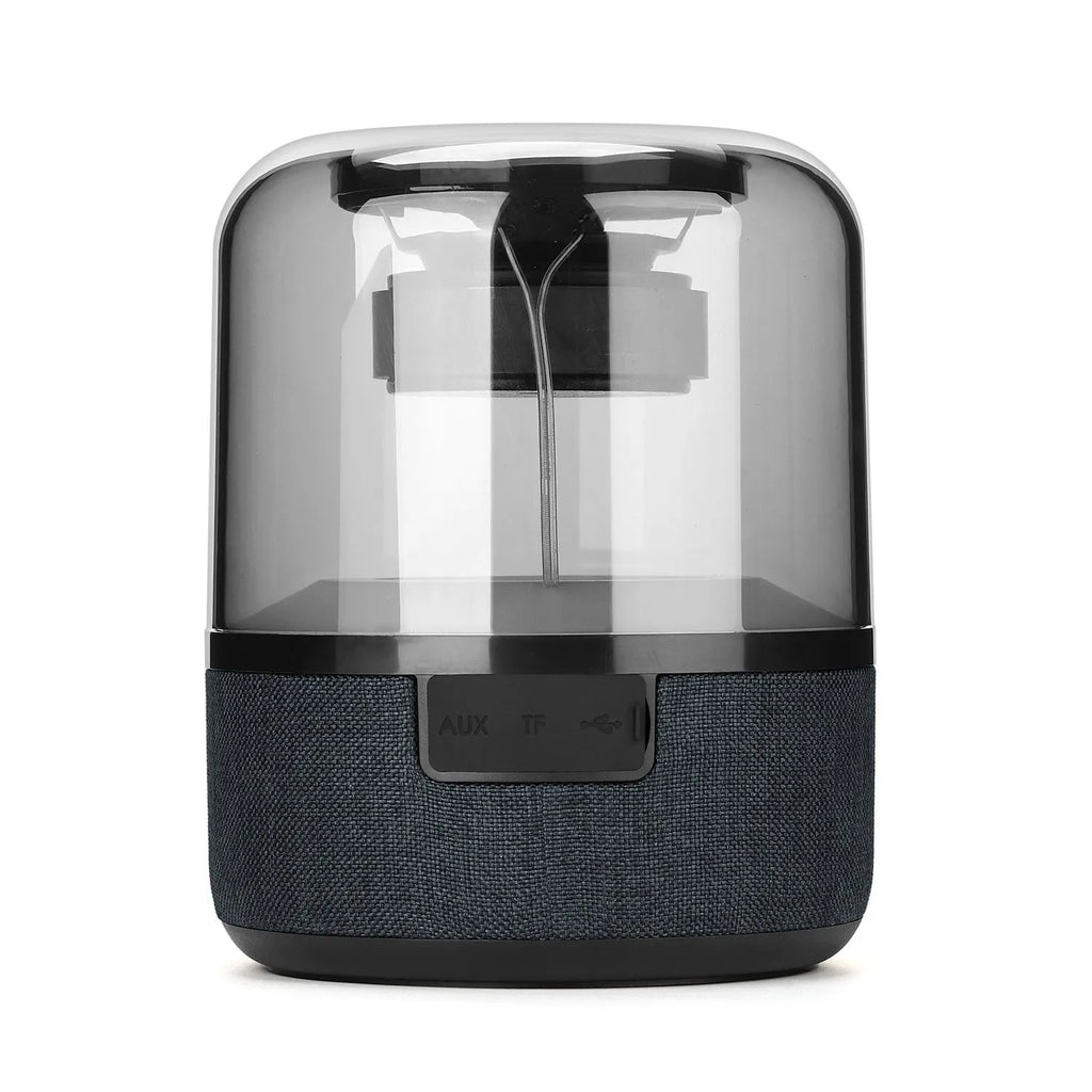 Black wireless Bluetooth speaker with touch controls and 360-degree sound projection