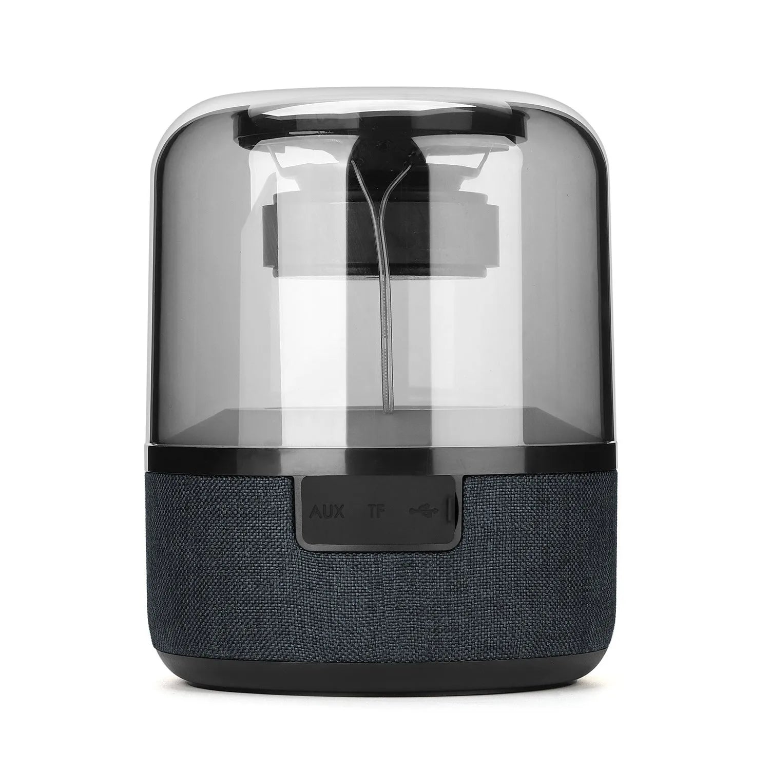 Black wireless Bluetooth speaker with touch controls and 360-degree sound projection