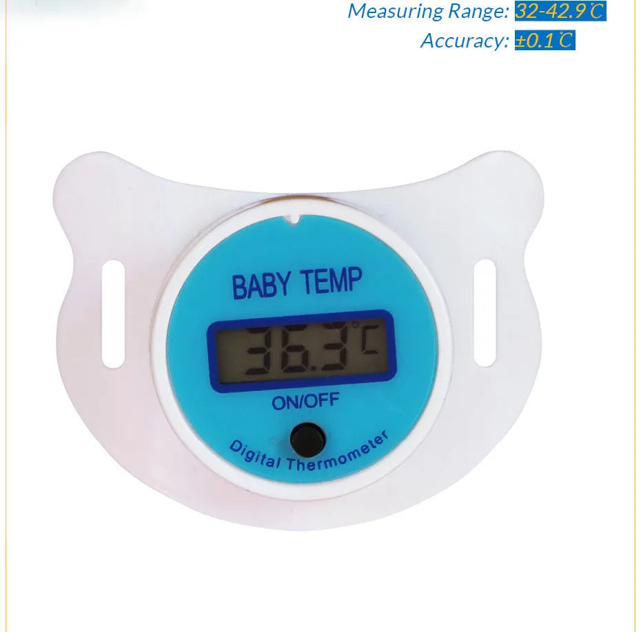 Baby digital pacifier thermometer with LCD display in blue and pink colour options