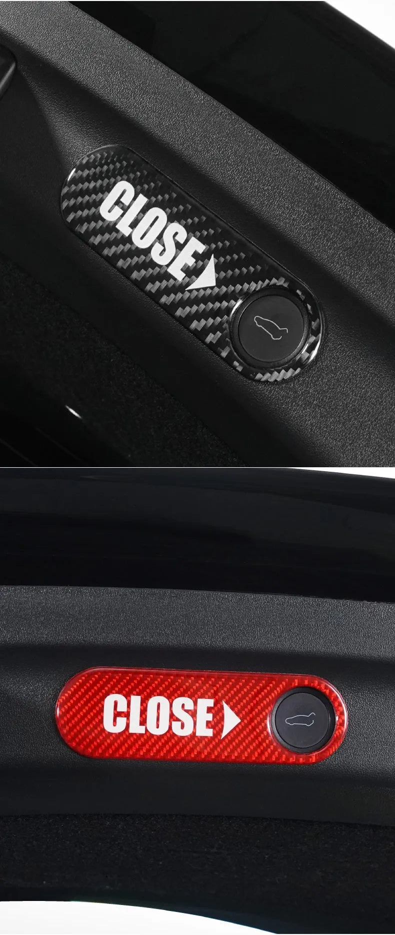Electric trunk button sticker in carbon black with red edge for car interior modification