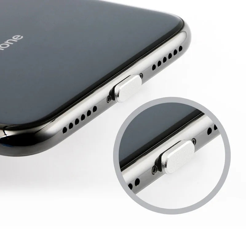 Aluminium alloy dust plug for iPhone charging port in various metallic colours.