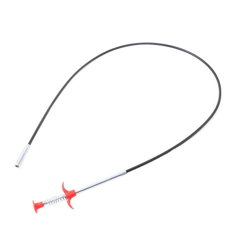 Black sewer dredge spring drain unclogging tool with PP handle next to a kitchen sink