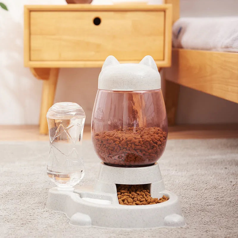 Pet two-in-one automatic gravity feeder for cats and dogs, 30.5cm height, grey colour, with anti-slip base and removable lid