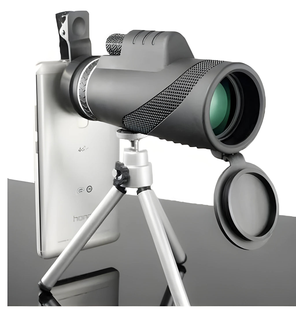 10x42 BAK4 binoculars with FMC green film coating, black metal frame, 149x52x70 mm, 268 g, with phone clip and bracket.
