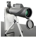 10x42 BAK4 binoculars with FMC green film coating, black metal frame, 149x52x70 mm, 268 g, with phone clip and bracket.