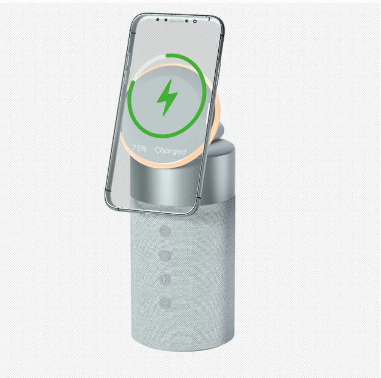 Magnetic wireless charger for earphone and cellphone in beige with button operation, on a desk