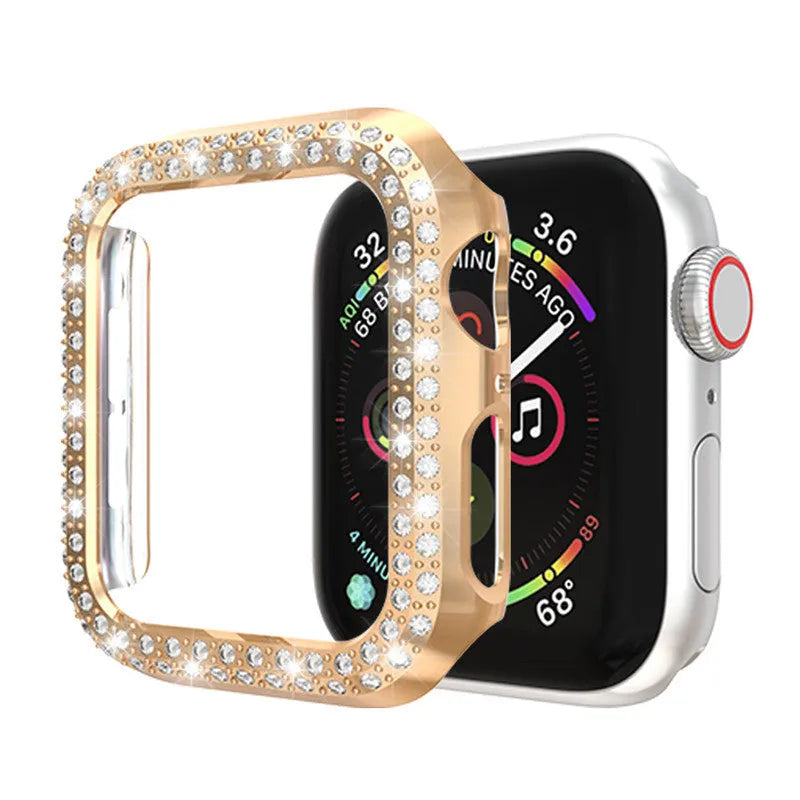 Transparent polycarbonate protective case for an Apple Watch, shown next to colour swatches.