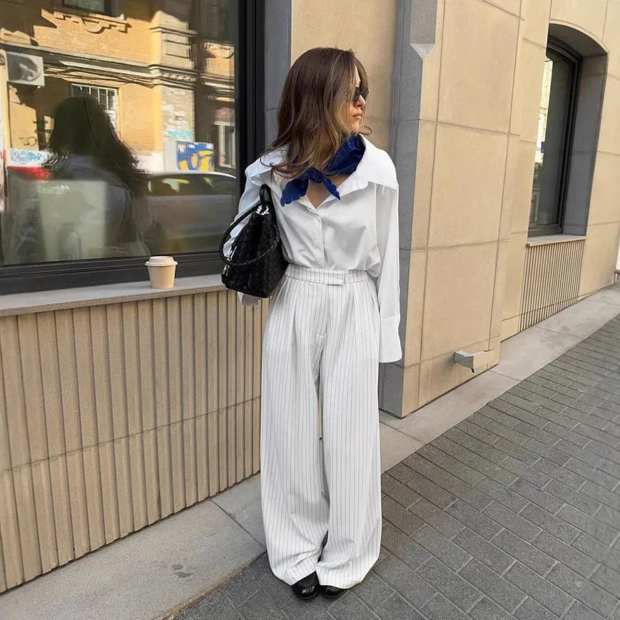 White striped wide-leg women's trousers with loose casual fit for office commuting
