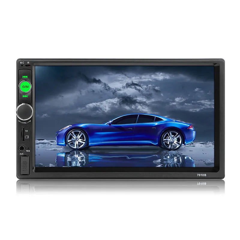 Car MP5 player with 7-inch LCD screen and black faceplate showing radio controls and colourful lights