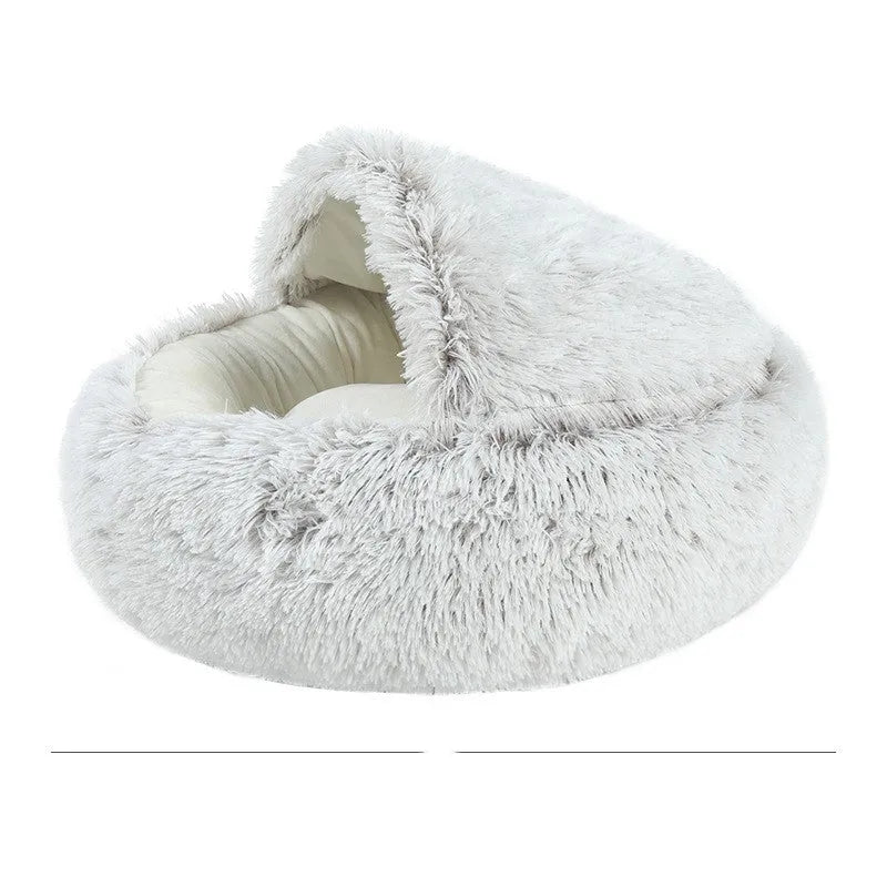 Round crystal velvet cat nest in grey with raised rim, semi-enclosed design, and Oxford bottom base