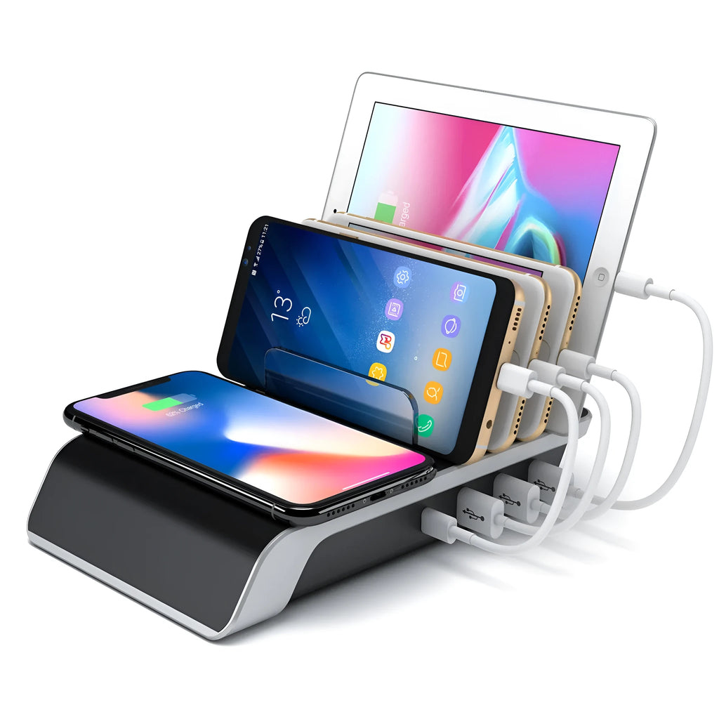 Black universal mobile phone tablet charging stand with wireless station measuring 19.8cm