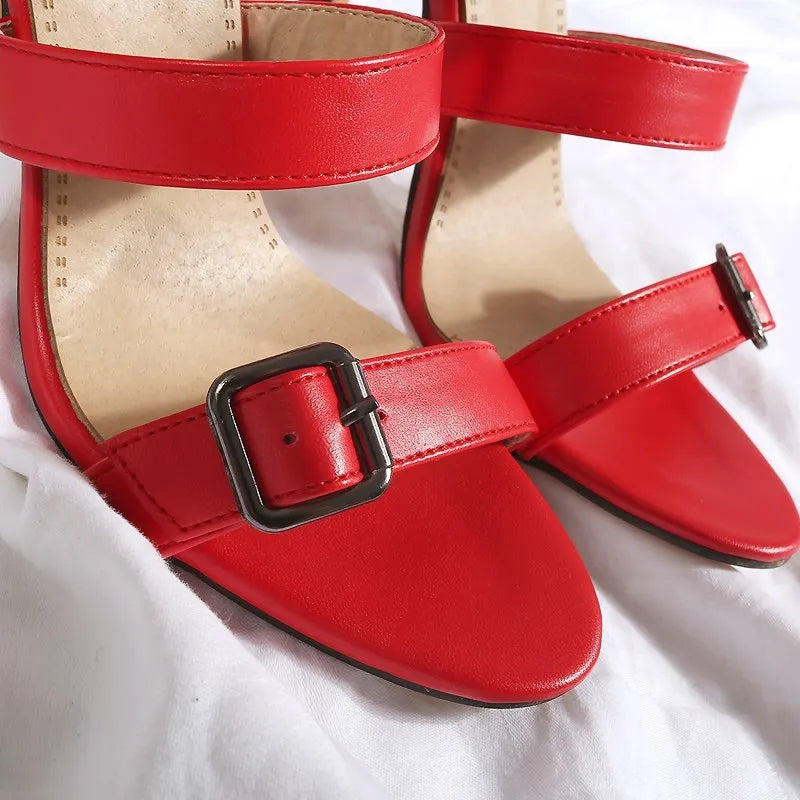 Women's high tube belt buckle high heel sandals in black with Roman boot style and ankle strap