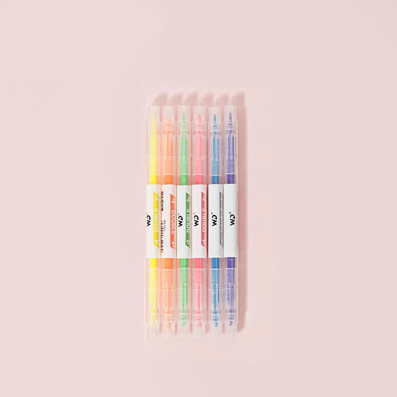 Six double-headed highlighter pens showing round and oblique nibs in six different colours