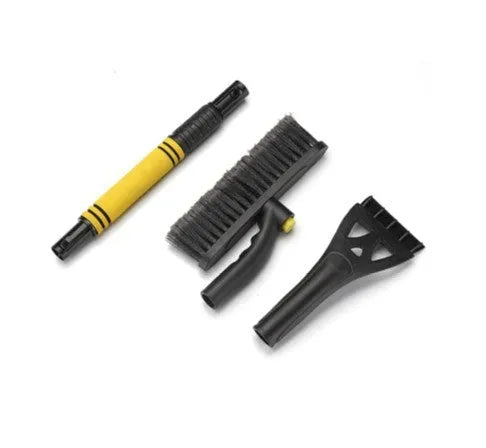 Yellow car telescopic snow shovel with aluminium handle, PVC brush and PP plastic scraper extended to 80cm on snowy windscreen