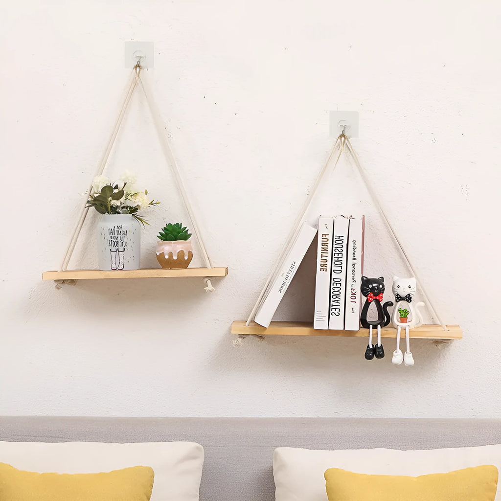 Wooden swing wall-mounted display shelf with plant in small size black colour