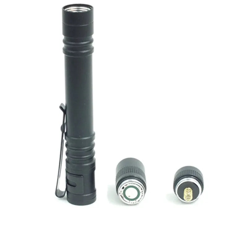 Black compact LED flashlight with an AA battery, beam range 50-100m for daily carry and emergencies.