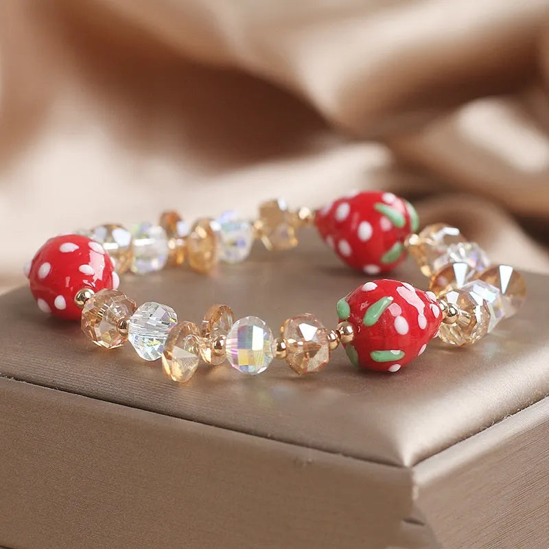 Red hand painted strawberry beaded bracelet for women with artificial crystal beads