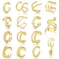 15-piece gold metal clip-on earring set for women without pierced ears geometric round and ring shapes on white background